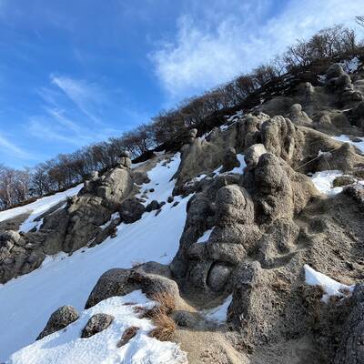キノコ岩斜面。不思議な岩が並んでいます。キノコに見えますか？