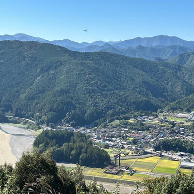 展望地から見る熊野の景色。中央に大鳥居。